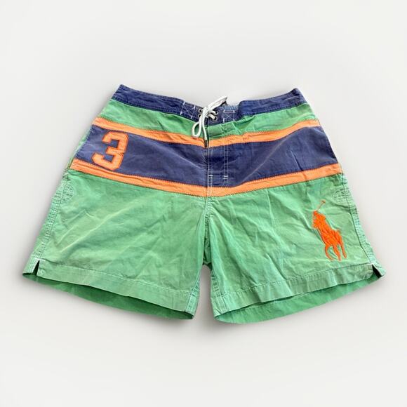 Vtg Polo Ralph Lauren #3 Mens Green Big Pony Lined Swimwear Trunks Size M MEDIUM - Picture 1 of 12